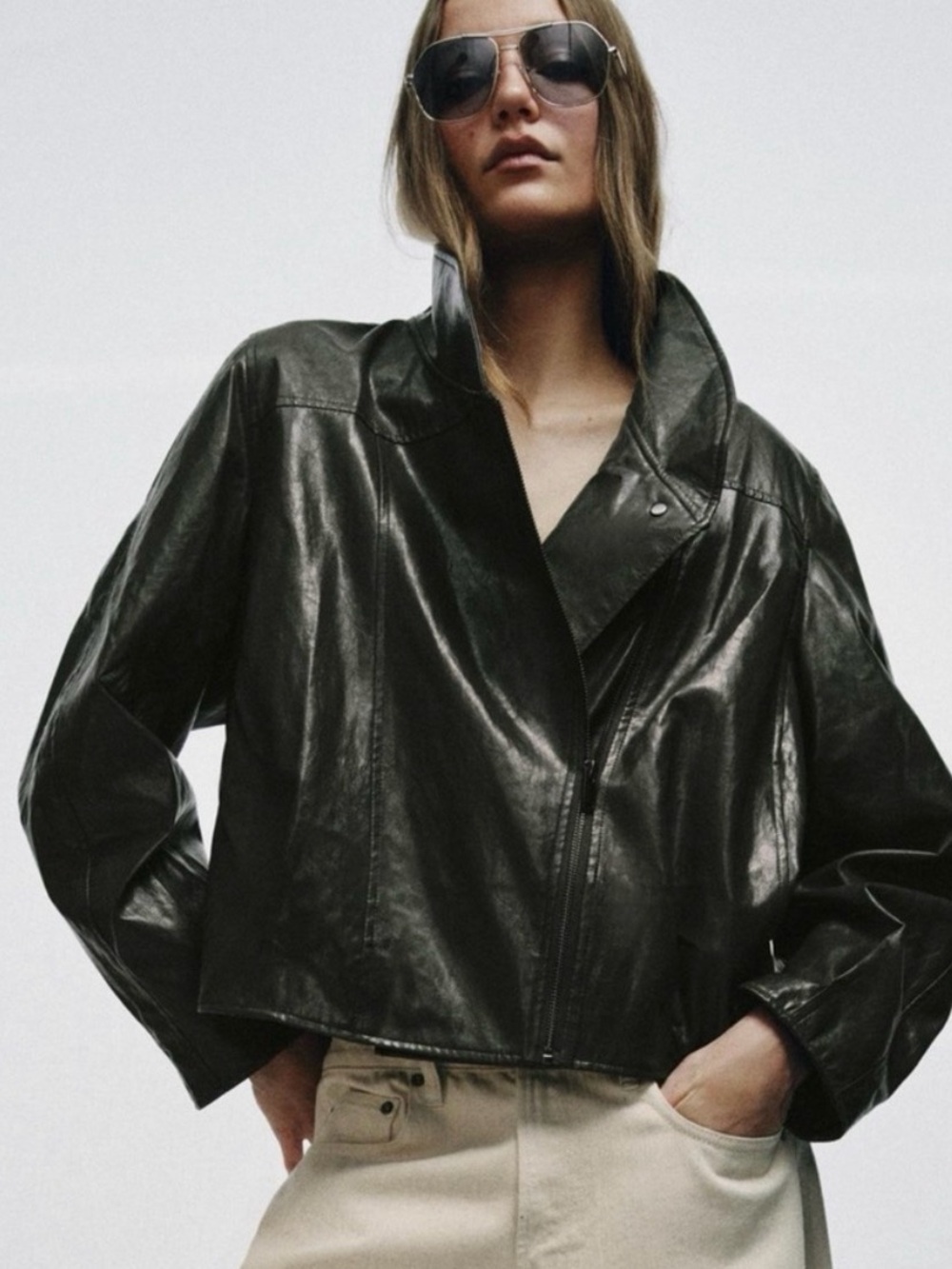 ZARA NWT Faux Leather Moto Jacket XS Charcoal Gray Oversized